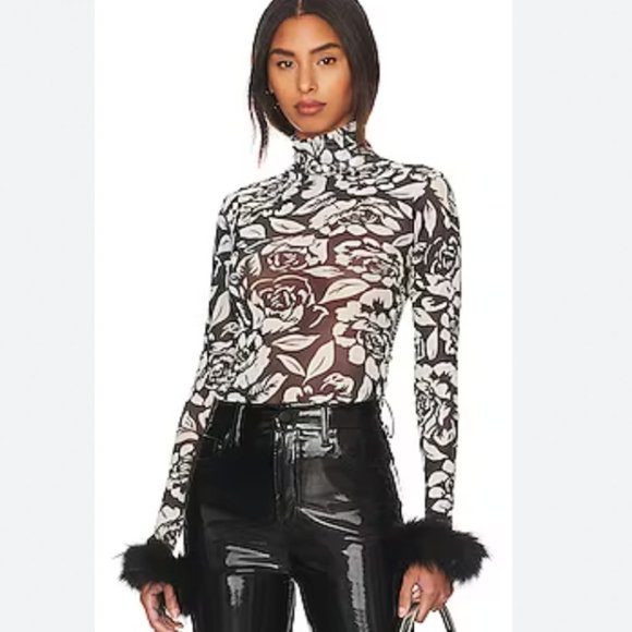 AFRM Tops - ❌SOLD❌Afrm x Revolve Miki Black Noir Rose Mesh turtleneck top with faux fur cuff